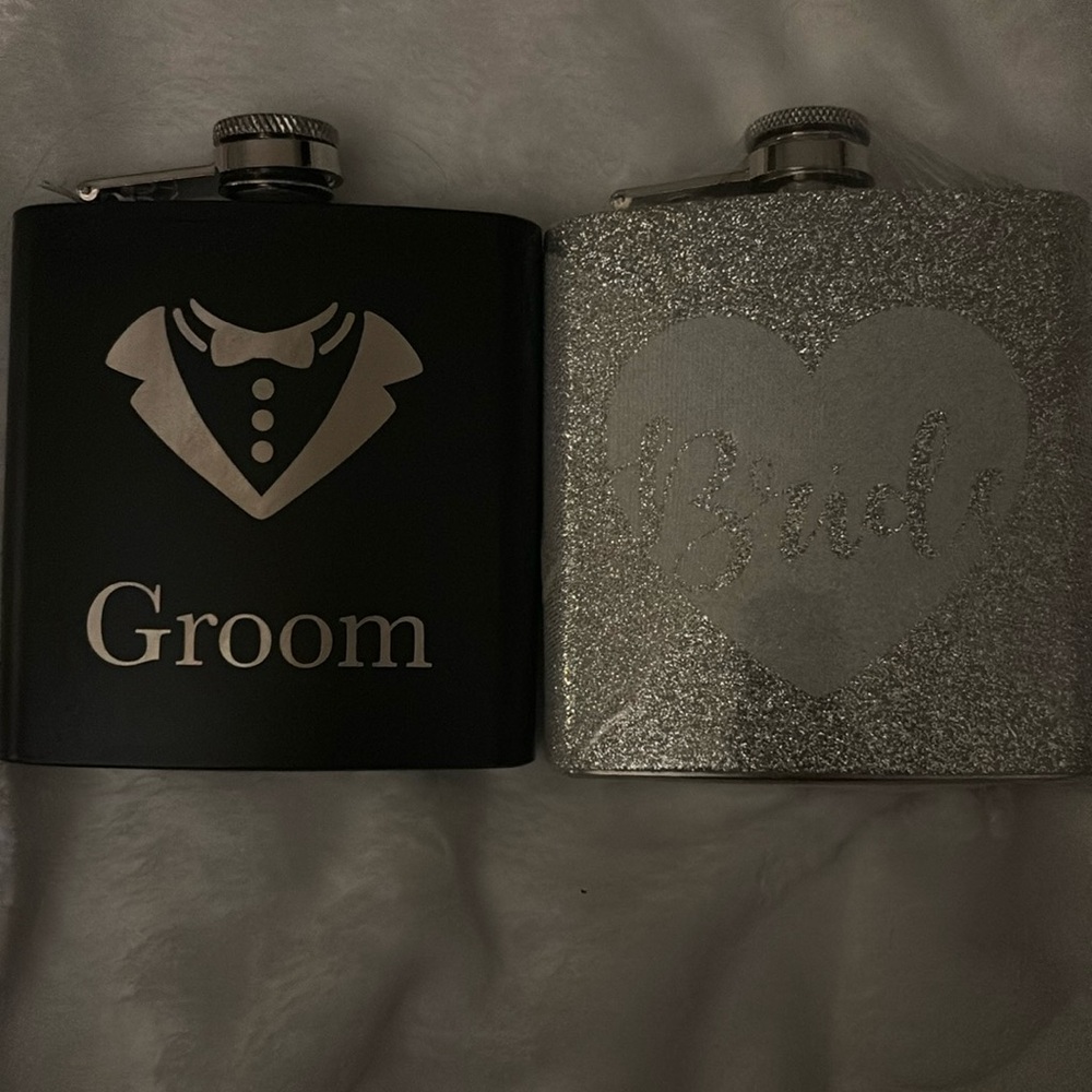 Set of Bride and Groom flasks.